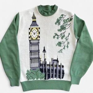 Vintage JC Penney  Acrylic Green Knit London Big Ben Clock Graphic Sweater